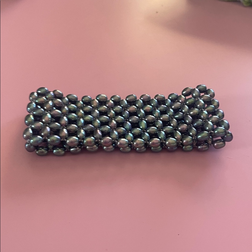 Honora gray black goth peacock cultured pearl wide flexible bracelet QVC - Picture 2 of 4